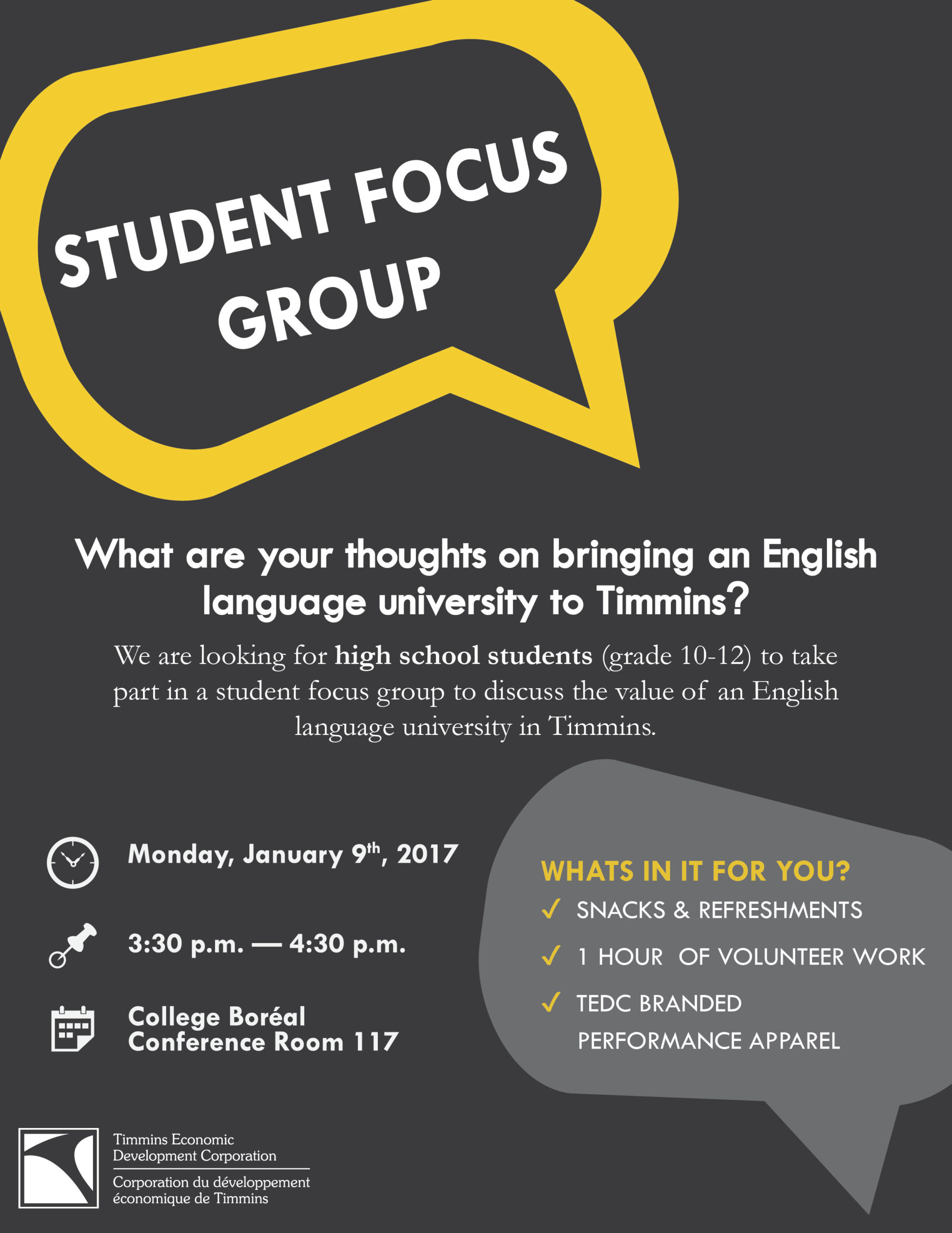 TEDC looking for volunteers for a student focus group - Timmins